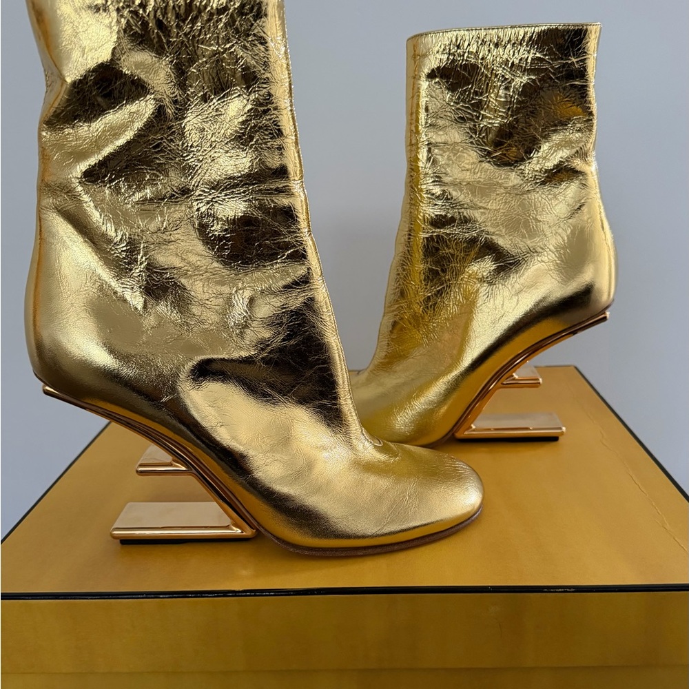 Fendi Gold Metallic Leather Heeled Ankle Boots